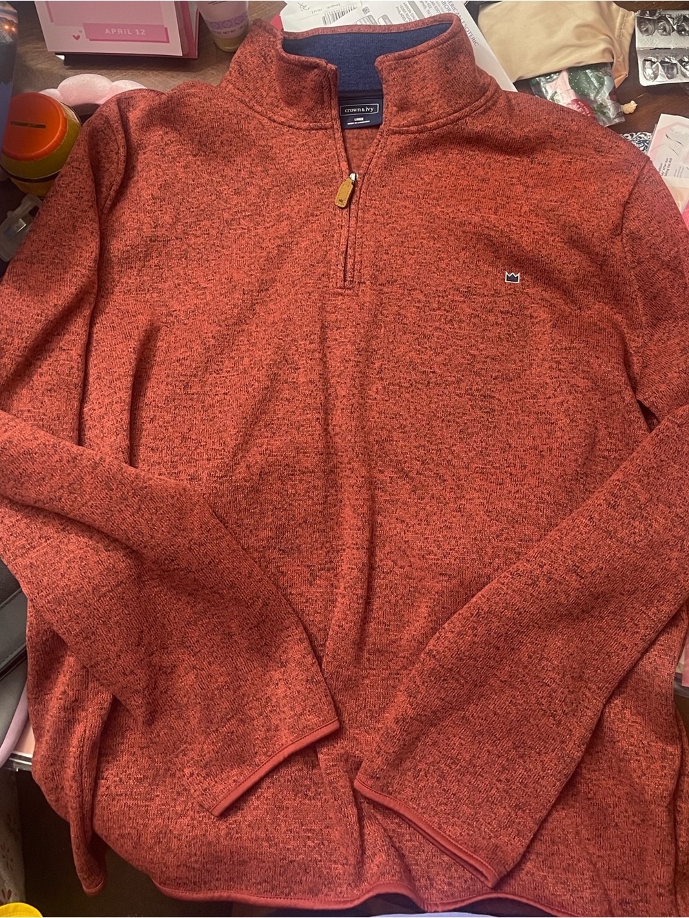 crown & ivy Men’s Zip-Up Sweater - Heathered Burnt Orange